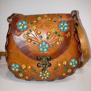 Vintage Hand-Painted Floral Boho Leather Hand Tooled Crossbody Bag